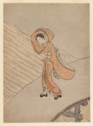 Young Girl Crossing a Bridge After Snow: Calendar Year of the Second Year of Meiwa